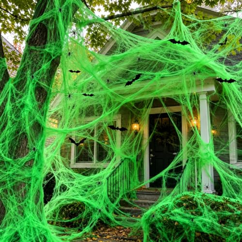 Halloween Spider Web Decorations with Black Light Lamp - 1000 Sq Ft Coverage, Includes Fake Spiders & Bats