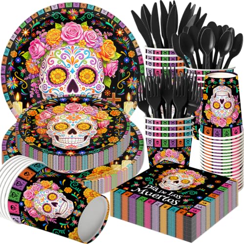 Dia De Los Muertos Party Plates and Napkins Set - 168pcs Celebration Decor