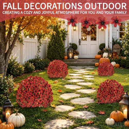 Artificial Fall Mum Topiary Ball Tree with Ground Spike - Dark Red, 14-Inch