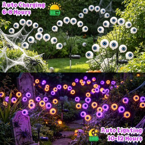 Yulloyello 4 Pack Solar Eyeball Lights - Purple & Orange Outdoor Halloween Decorations