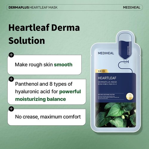 Mediheal Dermaplus Heartleaf Mask - Daily Vegan Sheet Mask for Soothing Skin | 10 Count with Panthenol & Hyaluron