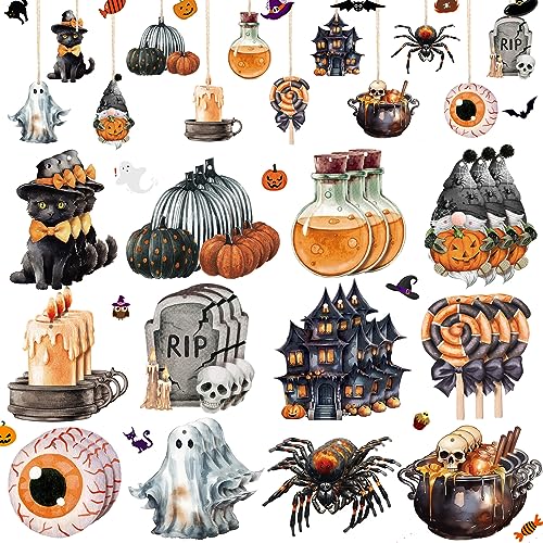 Wood Halloween Tree Ornaments Set - 36 Spooky Holiday Hanging Decorations