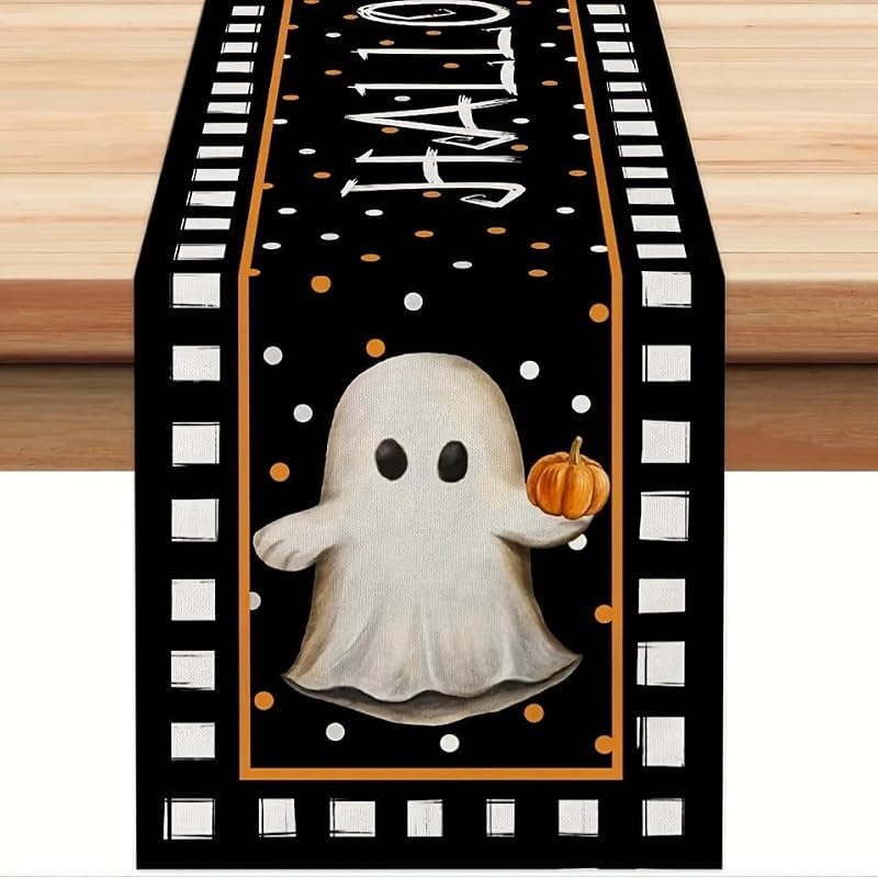 Halloween Ghost Table Runner Black Pumpkin Chessboard Pattern 13x72 Style 04