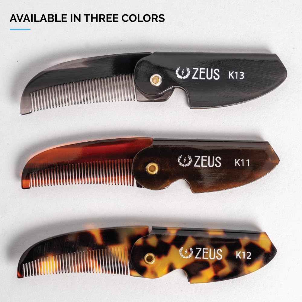 ZEUS Folding Mustache Comb for Men, Handmade Saw-Cut Pocket Comb for Men’s Beard & Moustache Grooming, Compact & Travel Friendly (Black) K13