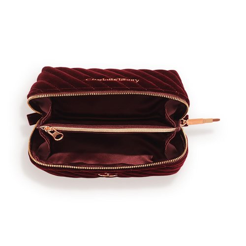 Charlotte Tilbury Travel Makeup Bag - Quilted Velvet Cosmetic Organizer with 5 Compartments & Zip Pocket - Iconic Night Crimson