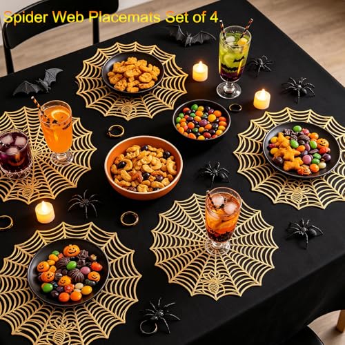 Gold Spider Web Placemats Set of 4 - Round Halloween Table Decor