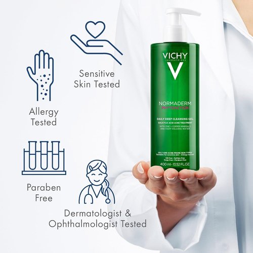 VICHY Normaderm Daily Acne Face Wash, 0.5% Salicylic Acid Cleanser, Gel Cleanser For Oily Skin, Removes Excess Oil, Dirt & Clogged Pores, Oil Free Acne Wash, Soap & Sulfate Free, Non-Drying