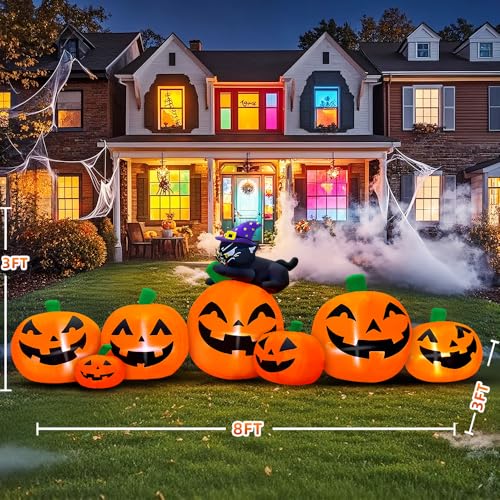 8FT Halloween Inflatable Pumpkin with Black Cat Outdoor Decor LED Light