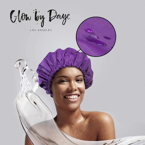 Glow by Daye Satin Lined Shower Cap - Adjustable Waterproof Hair Protection | Large, Purple Rain