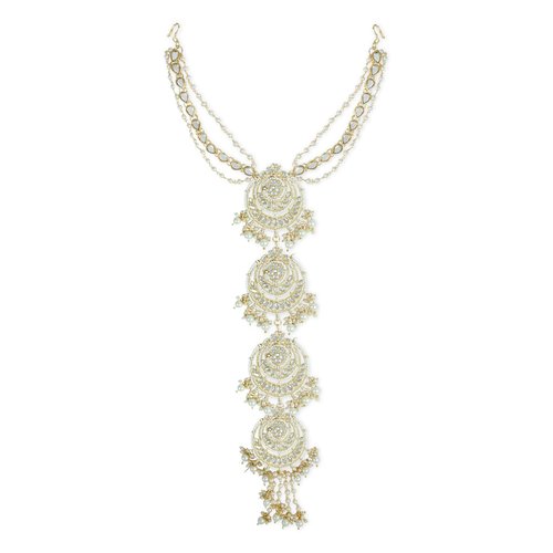 I Jewels Gold-Plated Metal Indian Wedding Bollywood Floral Kundan Pearl Studded Beaded Head Chain/Paranda (T2096W)