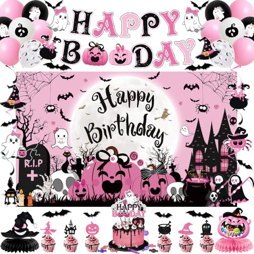 Pink Black Halloween Birthday Decorations Set - Kids Party Supplies with Banners, Balloons & Toppers (Variation: Black Pink)