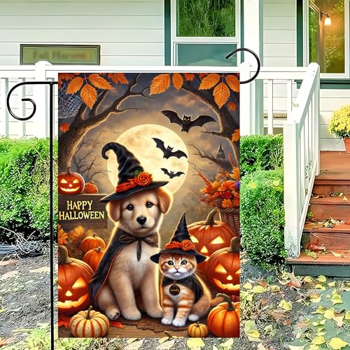 Halloween Garden Flag 12x18 Dog Cat Pumpkin Welcome - Variation 08
