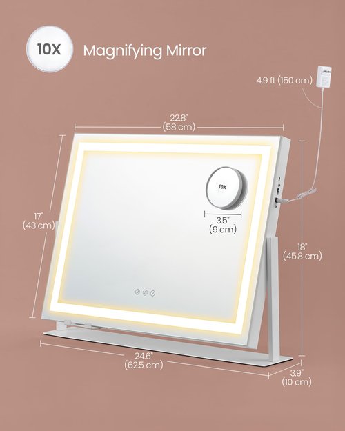 SONGMICS Vanity Makeup Mirror with Lights, Touch Control, Angle-Adjustable, Charging Ports, Detachable 10X Magnifying Mirror, 3 Color Temperatures, Dimmable, Phone Holder, Matte White ULWM002W01V1