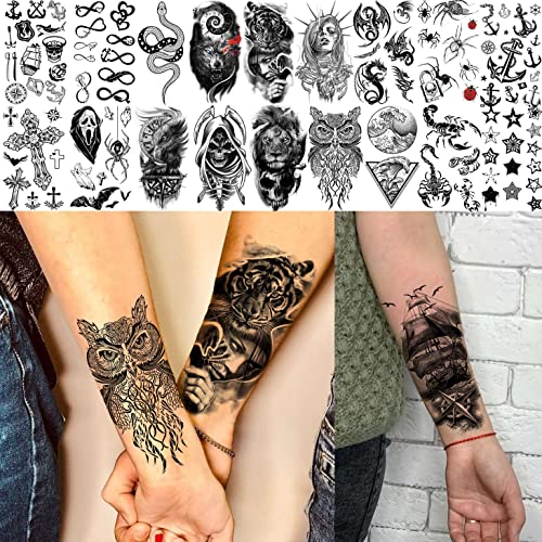 Temporary Tattoos for Men Women 70 Sheets Realistic Wolf Tiger Lion Black Animals Variation