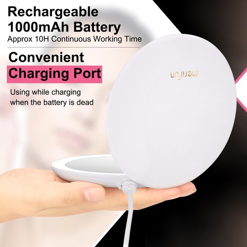 LED Lighted Compact Travel Makeup Mirror, 5 Inch Double-Sided 1X/10X Magnification, USB Rechargeable 1000mAh Battery, Touch Screen, 56 High-CRI LEDs, 3-Color Dimmable Light, Tweezers & Travel Bag