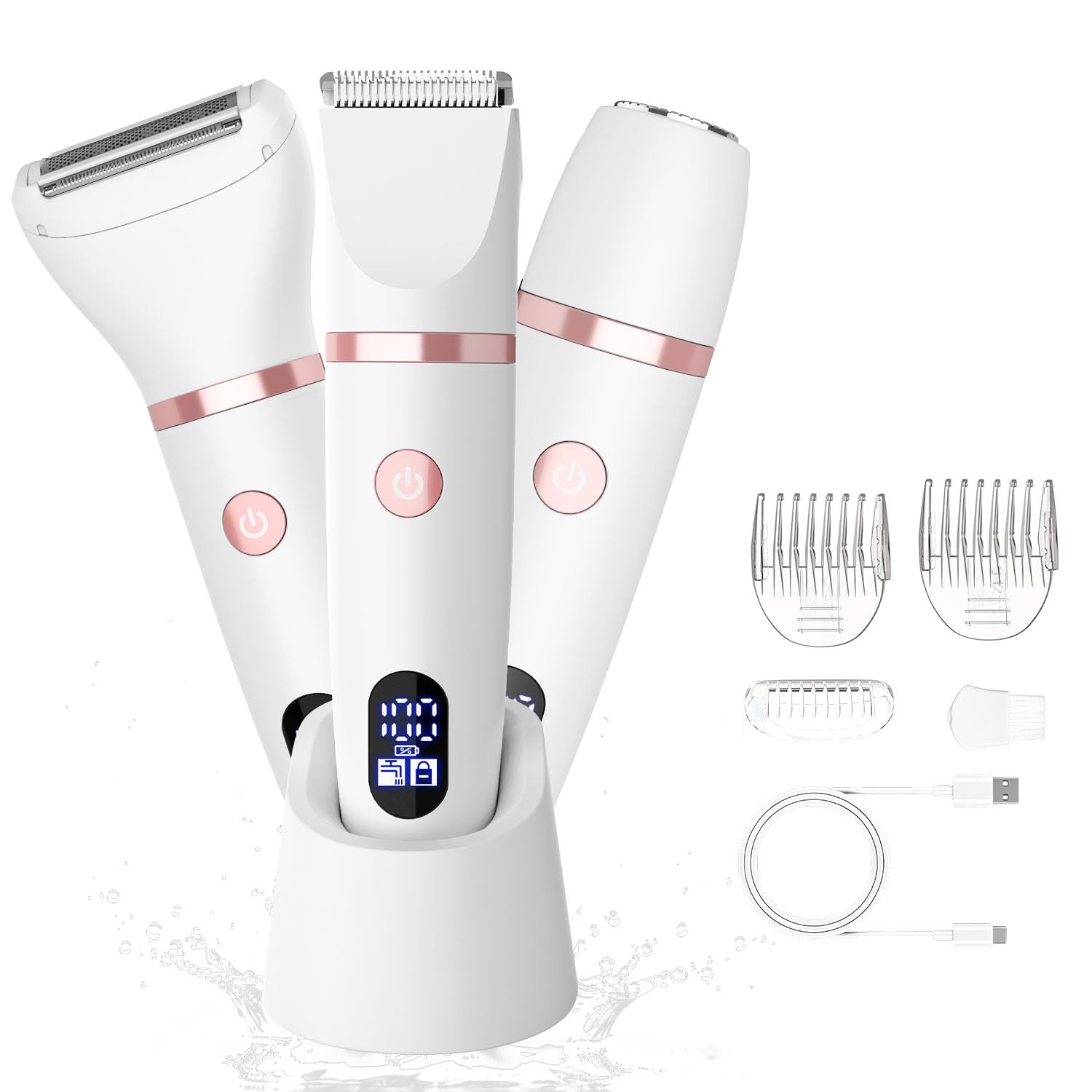 Zivelier 3-in-1 Electric Razor IPX7 Waterproof Bikini Trimmer Wet & Dry Use Painless Personal Trimmer Groomer for Ladies Face Body Legs Bikini Public Hairs Electric Lady Shaver with Replaceable Heads