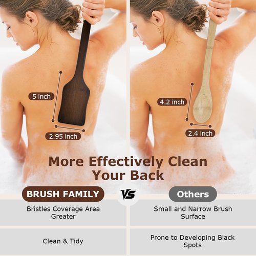 Shower Back Scrubber with Curved Long Handle Medium-Hard Natural Boar Bristles Back Scrubber for Shower for Men and Women Body Brush Exfoliator Set with Foot File(2 Pack)