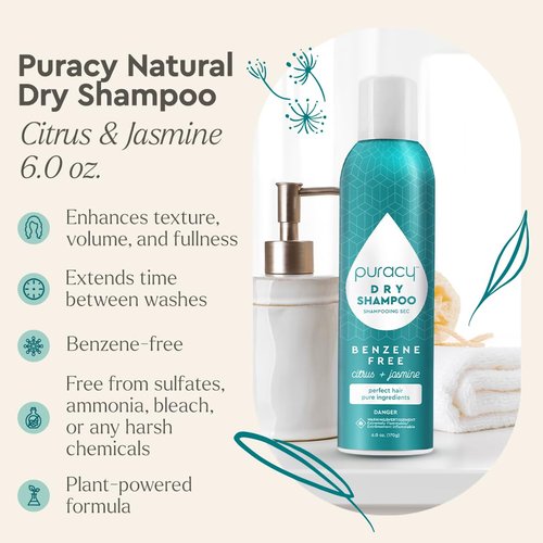 Puracy Natural Dry Shampoo - Plant-Powered Cleansing & Volumizing Formula | Citrus & Jasmine, 6 oz