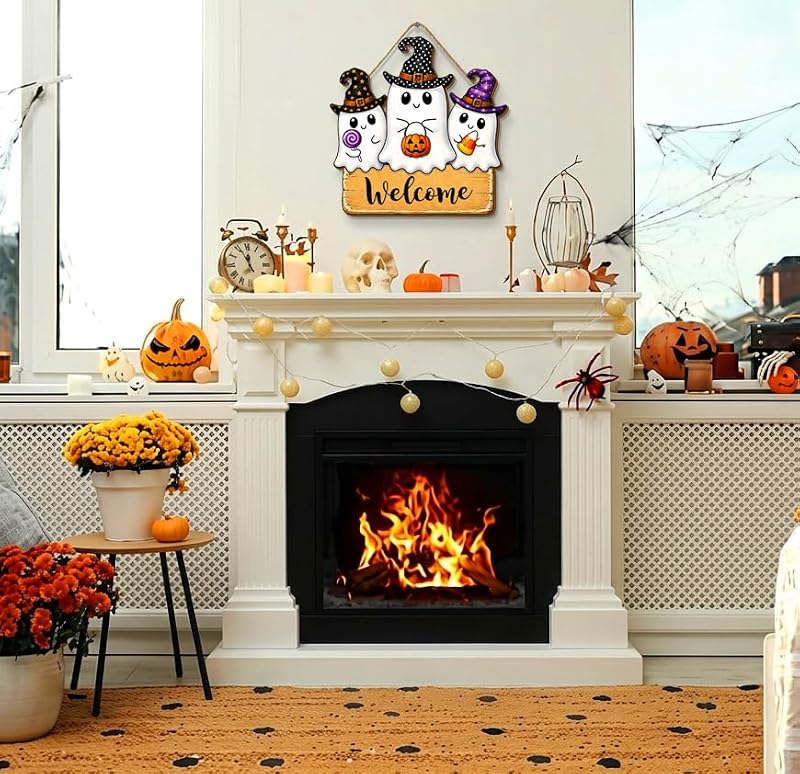 Halloween Wooden Door Sign Cute Ghosts Welcome Plaque Decor