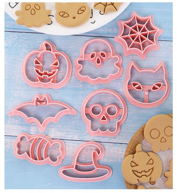 Halloween Cookie Mould Set - 8pcs Plastic Witch Bat Cookie Cutters & Stamps - Halloween 1115D