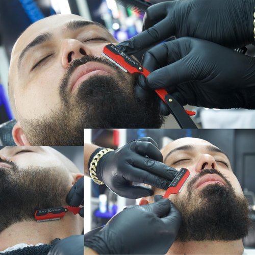 Black Widow Professional Barber Straight Edge Razor – Stainless Steel Shavette, 1.5 mm Blade Exposure, Matte Black & Red, 10 Double Edge Blades (20 Single-Edge) for Lineups & Beard Shaping