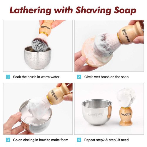 Anbbas 4IN1 Shaving Brush Set,Nylon Bristles Wood Handle and Stainless Steel Soap Bowl,ABS Wall Mounted Shaving Holders for Brush and Bowl for Men Wet Shave
