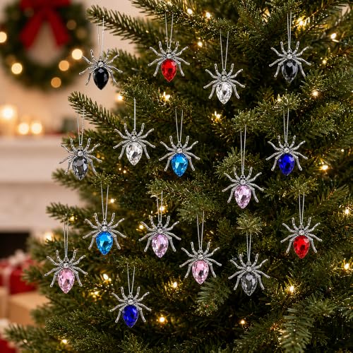 16-Pack Crystal Beaded Halloween & Christmas Spider Ornaments - Hanging Decor Set