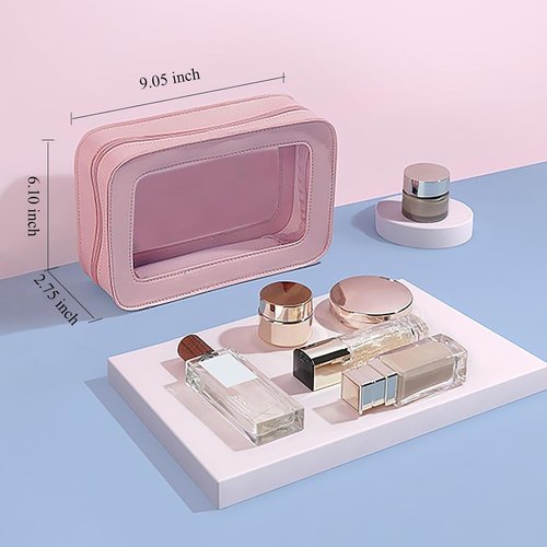Skiennix Clear Waterproof Makeup Bag - Portable Travel Cosmetic Organizer for Women | Pink 2-Pack