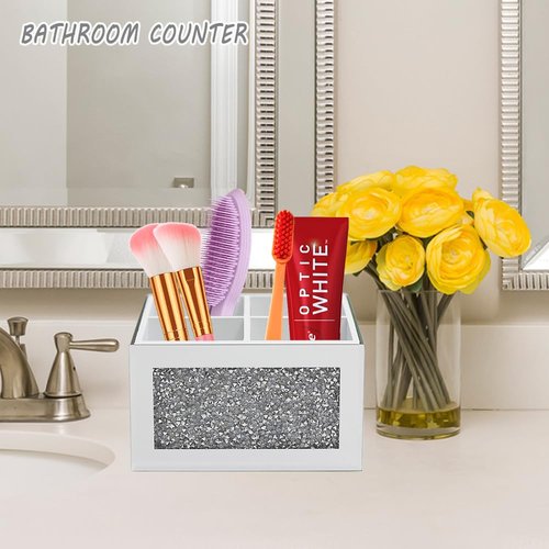HMRCYTE Rotating Makeup Brush Holder Glass, 360 Rotating Crystal Makeup Brush Organizer, Cosmetic Brush Storage Box Crushed Diamond Home Decor Silver Glass Brush Holder for Vanity Dresser 4 Slots