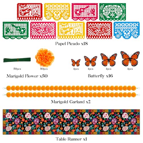 Dia De Los Muertos Decorations Set No Lights with Marigolds Papel Picado Butterflies & Table Runner