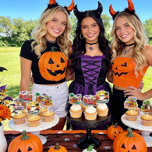 48Pcs Summer Halloween Cupcake Toppers - Beach Ghost Pumpkin Skeleton Decor