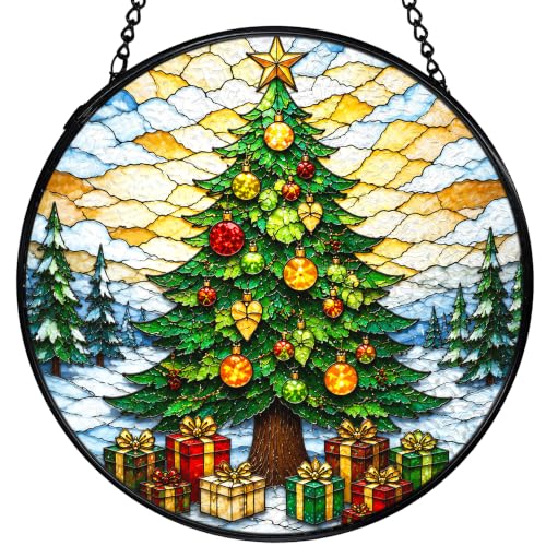 Winter Pine Tree Suncatchers Stained Glass Window Hanging Christmas Tree-3