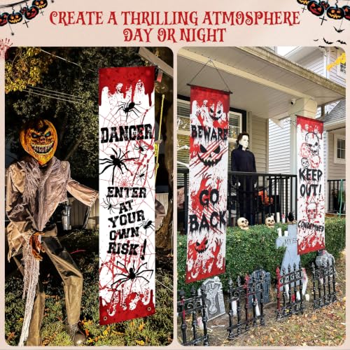 Halloween Horror Warning Banner - Red Warning Signs for Party Decor