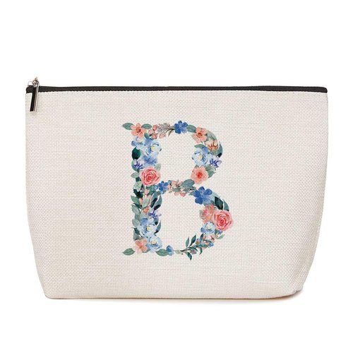 Initial Makeup Bag Monogrammed Travel Toiletry Bag Monogram Cosmetic Bag Birthday Christmas Bridal Shower Bridesmaid Gifts Personalized Gifts for Women Bride Teacher Friend, Floral Letter B