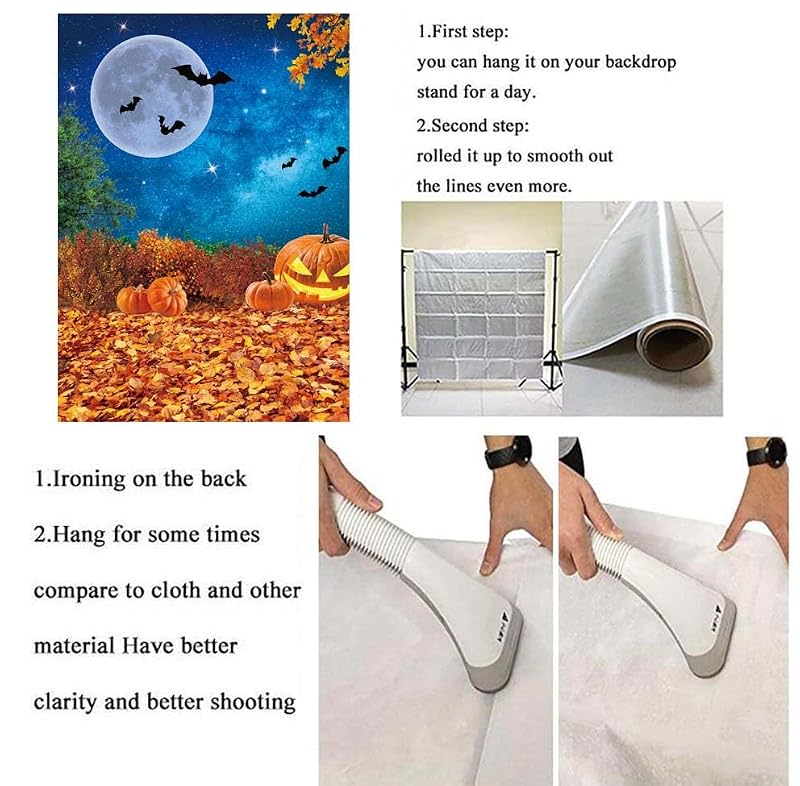 Halloween Photography Backdrop 8x10FT Moonlight Pumpkin Fallen Leaves for Kids and Baby Portraits - Folded, Vinyl