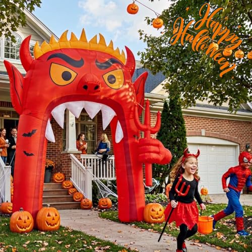 13FT Halloween Inflatable Archway with RGB LED Lights - Red Devil Yard Decor