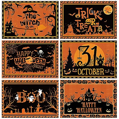 Halloween Bat Placemats Set of 6 - Black and Orange Gothic Table Decor