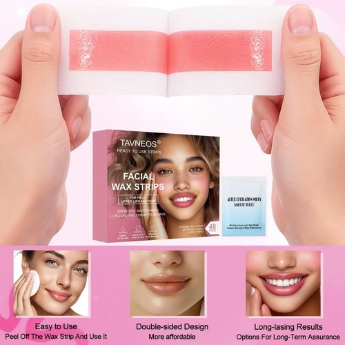 48 PCS Facial Wax Strips for Hair Removal on Face & Body | Gentle Rose Extract Formula for Sensitive Skin | At-Home Waxing Kit for Eyebrows, Upper Lip, Bikini, Brazilian with 6 Calming Oil Wipes