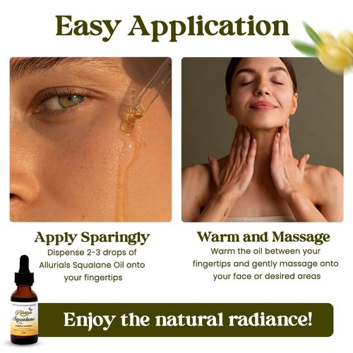 Allurials 100% Organic & All Natural Plant-Based Squalane Oil for Face, Hair, & Body, Cold Pressed and Unrefined Premium Grade Multipurpose Facial Oil for Moisturize, Smooth, and Soften Skin - 1 Oz