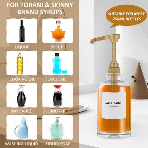BXUYAOXMC 8Pcs Coffee Syrup Pump for Torani & Skinny Syrup Bottles, 750ml Reusable Pump Dispenser, No Drip Leak Proof Syrup Pump with 2 Spoons & Brush, Gold Replacement for Coffee Bar, Tea, Soda