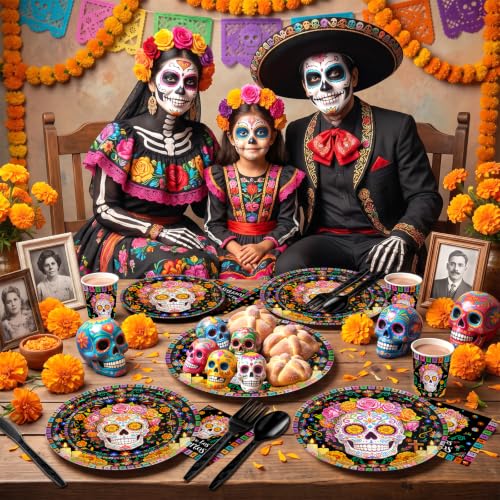 Dia De Los Muertos Party Plates and Napkins Set - 168pcs Celebration Decor