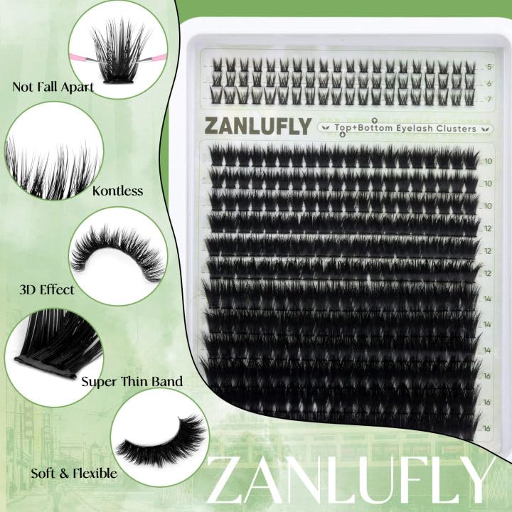 Volume Lash Clusters with 5-7MM Bottom Lashes D-curly Eyelash Clusters Wispy Lash Extension 300Pcs Individual Lashes Thin Band Cluster Eyelash Extension 10-16MM Cluster Lashes DIY at Home by ZANLUFLY