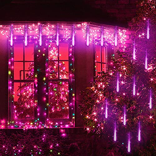 Purple Meteor Shower Lights for Halloween Christmas Decor Yard Outside - 16 Tubes