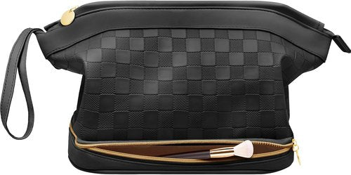 Hairao Toiletry Bag for Women, Large Makeup Bag with Double Layer Design, Waterproof Checkered Makeup Organizer Bag, PU Leather Cosmetic Travel Bag with Brush Compartment, Black
