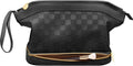 Hairao Toiletry Bag for Women, Large Makeup Bag with Double Layer Design, Waterproof Checkered Makeup Organizer Bag, PU Leather Cosmetic Travel Bag with Brush Compartment, Black