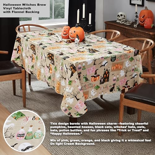 Halloween Witches Brew Vinyl Rectangular Tablecloth 60 x 102 Inch with Flannel Backing - Witch Ghost Pumpkin Design - Variation of THIS listing