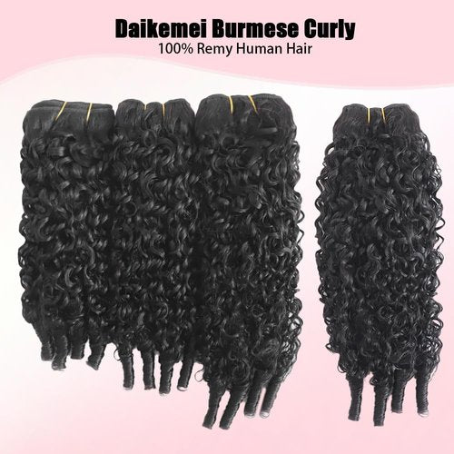 Daikemei Burmese Curly Bundles Human Hair 20 Inch 3C4A Water Wave Quick Weave with Spiral Curly End 100% Unprocessed Kinky Curly Human Bundles in Hair Extensions Natural Black