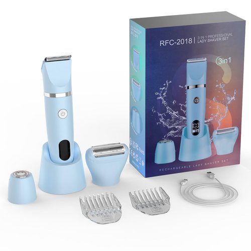 Scttomon 3-in-1 Electric Razor IPX7 Waterproof Bikini Trimmer Wet & Dry Use Painless Personal Trimmer Groomer for Ladies Face Body Legs Bikini Public Hairs Electric Lady Shaver with Replaceable Heads
