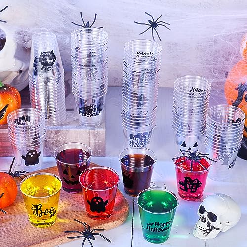 Halloween Plastic Shot Glasses Set - 108 Clear Disposable Cups with Spooky Designs