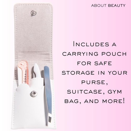 About Beauty Folding Purse Pack - 3 Beauty Groomers and Stowaway Pouch, Includes Folding Facial Razor, Square Tip Tweezers and Folding Nail File, Made with Japanese Steel